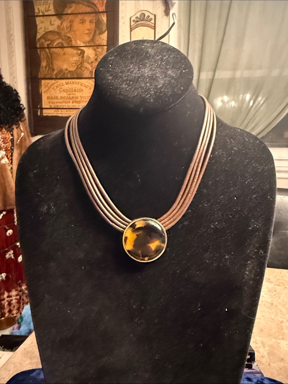 Vintage Ralph Lauren RLL brown, leather and silver tone station necklace